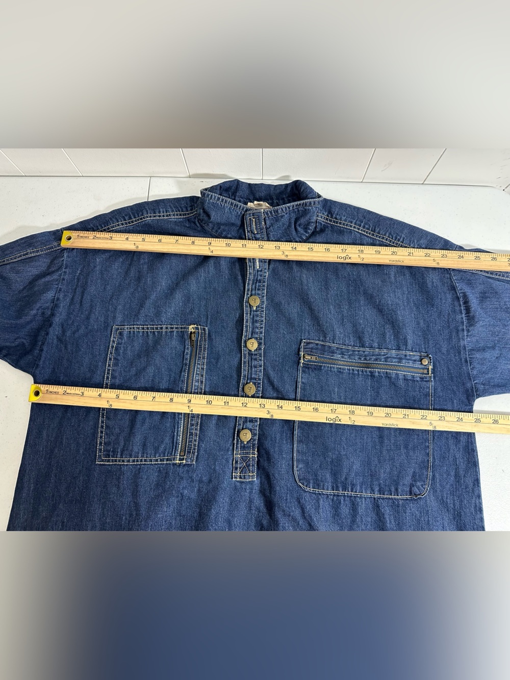 Pilcro Sz L Petite Women’s Tunic Shirt Top Blue Denim Cotton Button Half Placket - Picture 13 of 15